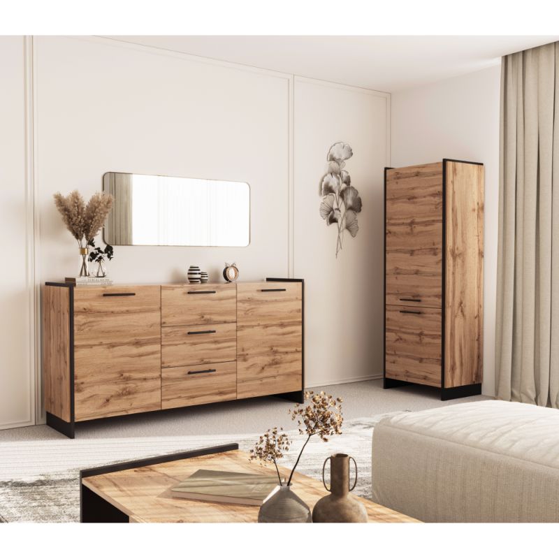 Komoda, 180cm, kombinovaná, dub wotan, čierna, AMONI 2D3S