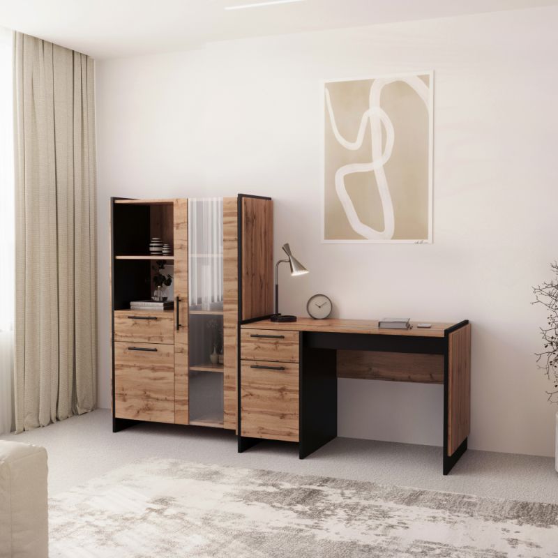 Nízka vitrína, 96cm, dub wotan, čierna, AMONI 1D1W1S