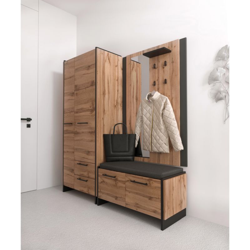 Vešiakový panel so zrkadlom, 96cm, dub wotan, čierny, AMONI