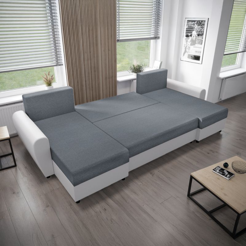 Univerzálna sedacia súprava, ekokoža biela, látka sivá, DAKAR NEW U