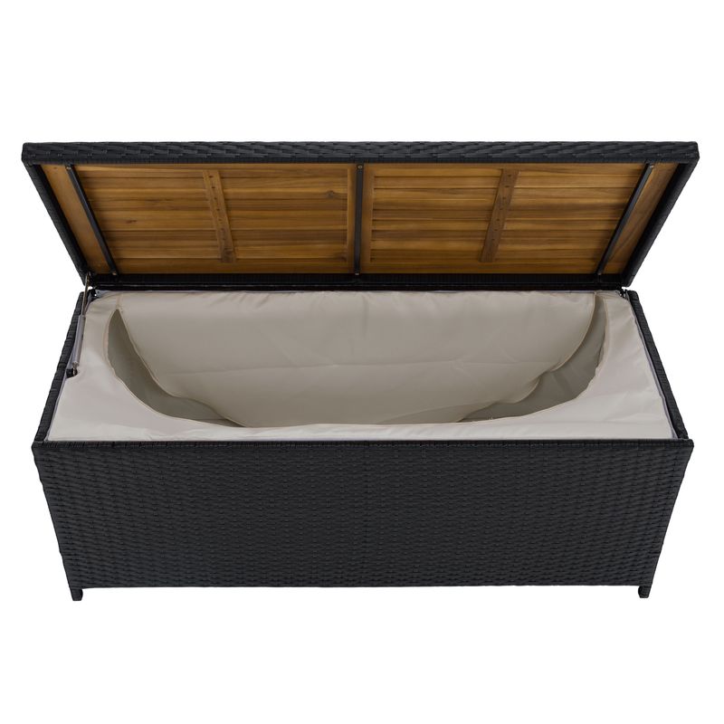 Záhradný úložný box, lavica, čierny ratan, prírodné drevo, BEMUS