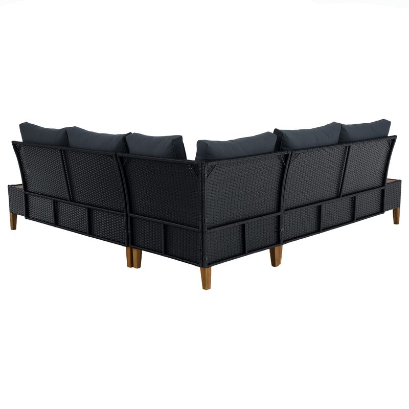 Záhradný, ratanový set, akáciové drevo, čierny ratan, sivá látka, MALKOM