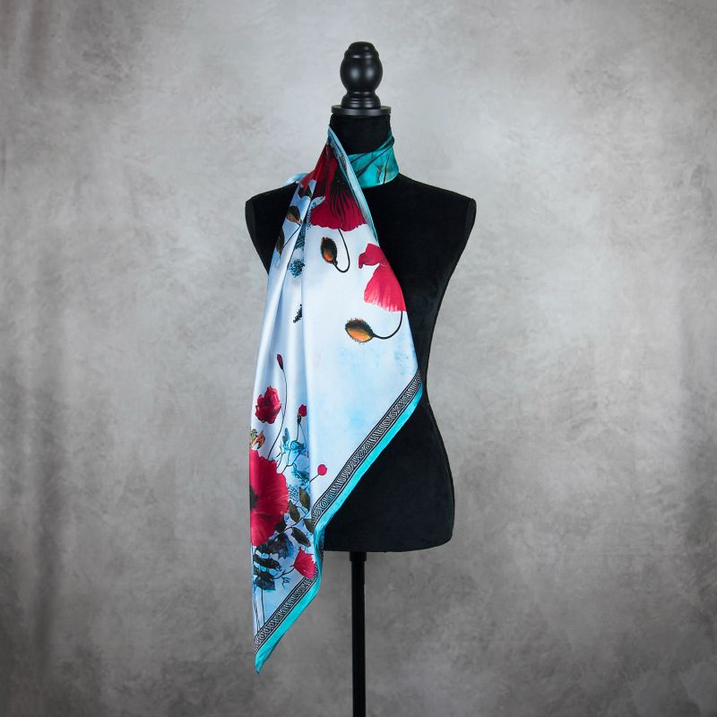 Módna hodvábna šatka MAK VLČÍ - MODRÝ, 90 x 90cm, MADE IN SLOVAKIA