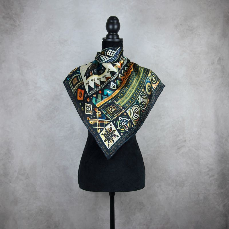 Módna hodvábna šatka ČIČMANY - ČIERNO-FAREBNÉ, 90 x 90cm, MADE IN SLOVAKIA