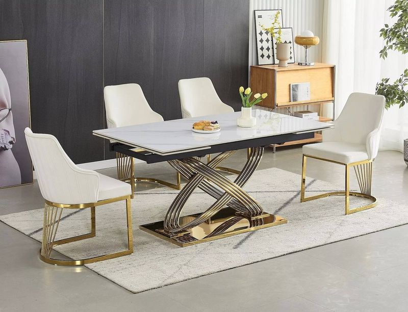 Jedálenský stôl, 160x90cm, rozkladací, keramika, biely, zlatý, HERMES II