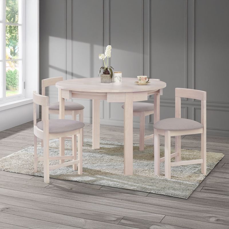 Jedálenský set 1+4, 103x103cm, biely vzor drevo, látka sivobéžová, DOMIO