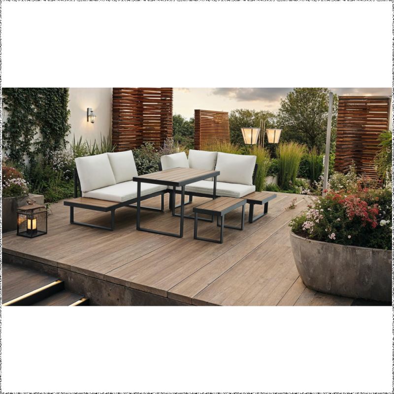 Záhradný set, čierny kov, krémová látka, dub polywood, FLOJD