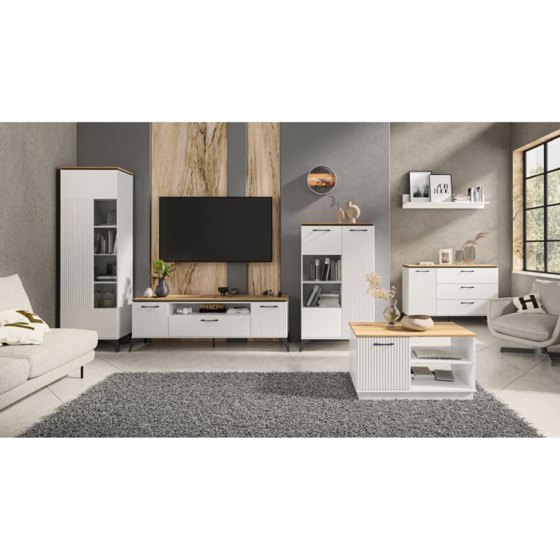 Komoda, 135cm, biela, dub evoke, kombinovaná, VELIS 1D3S