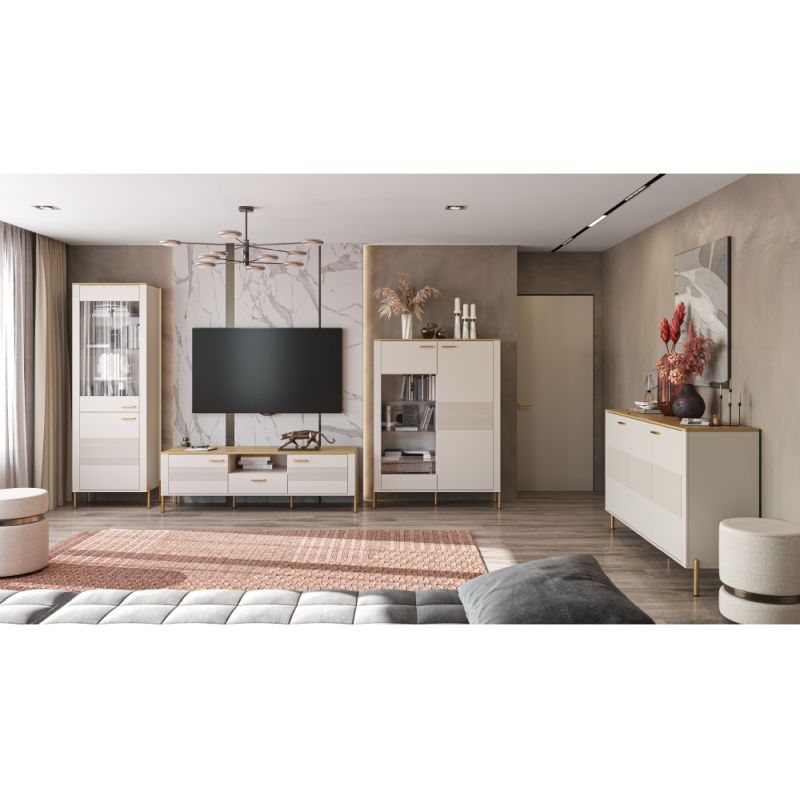 Komoda, 116cm, kašmír, dub kamenný, zásuvková, RUNOL 3S