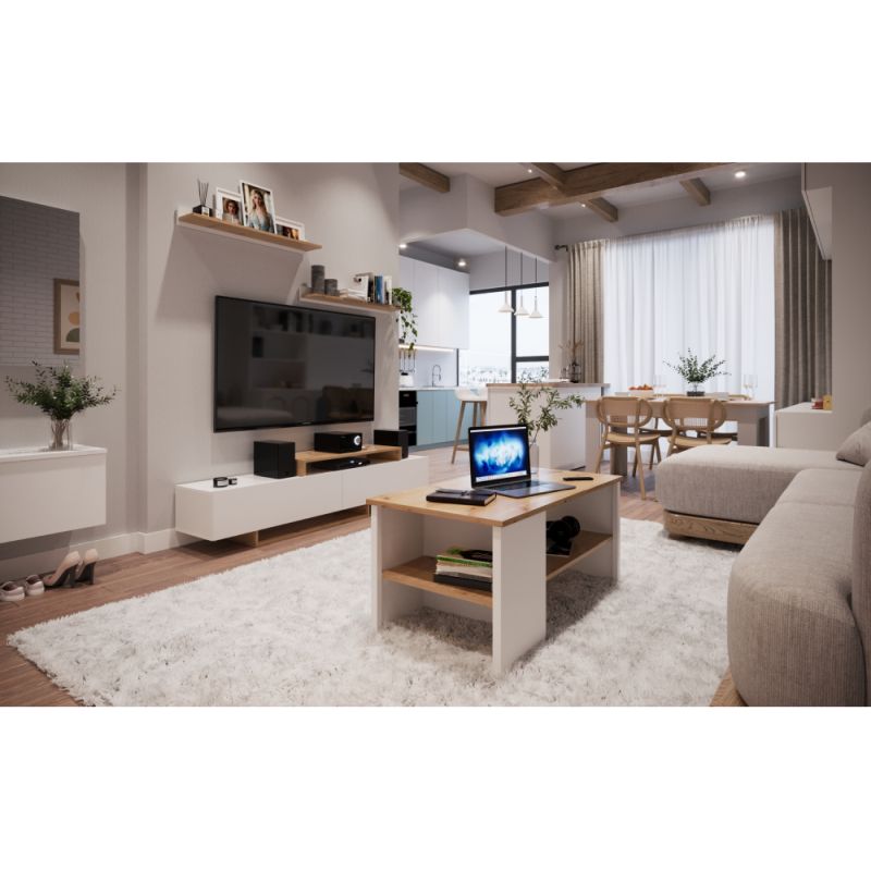 Obývacia stena, 180cm, biela, dub artisan, MILONA