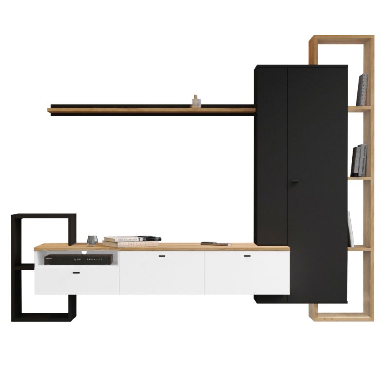 Obývacia stena, 240cm, čierna, biela, dub craft zlatý, DENISO