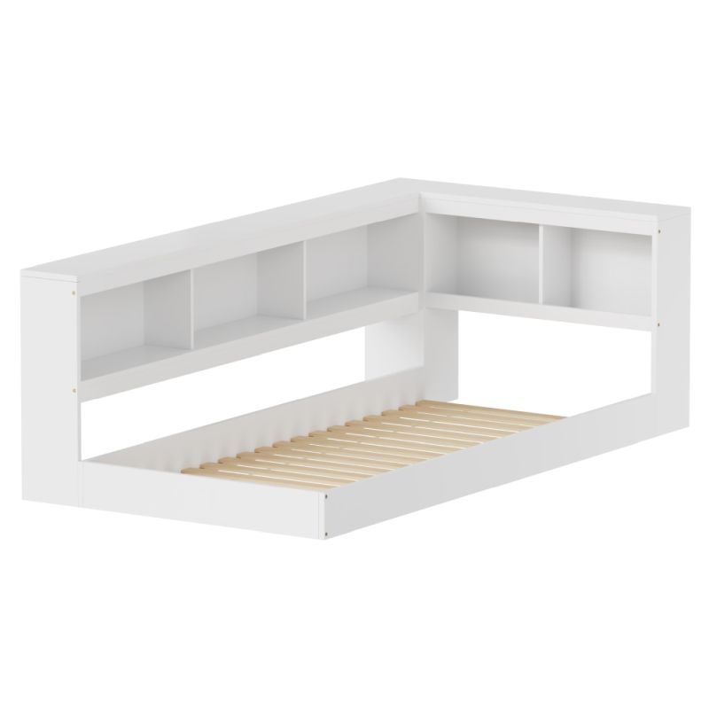 Posteľ, 90x200, s roštom a regálom, biela, TOSIA