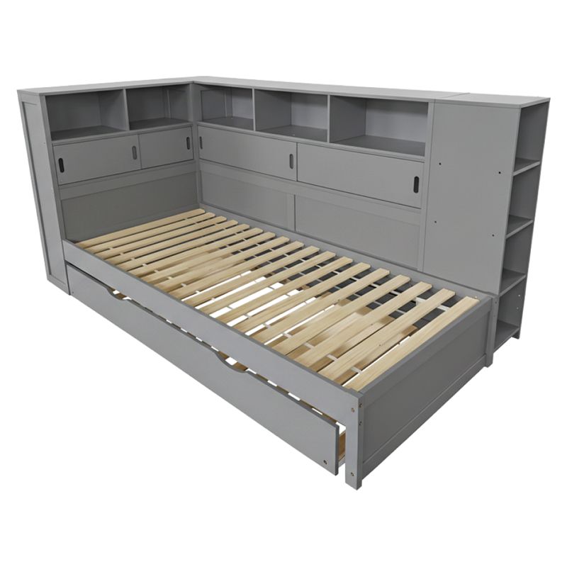 Posteľ, 90x200, s roštom, regálom a prístelkou, sivá, LENDON