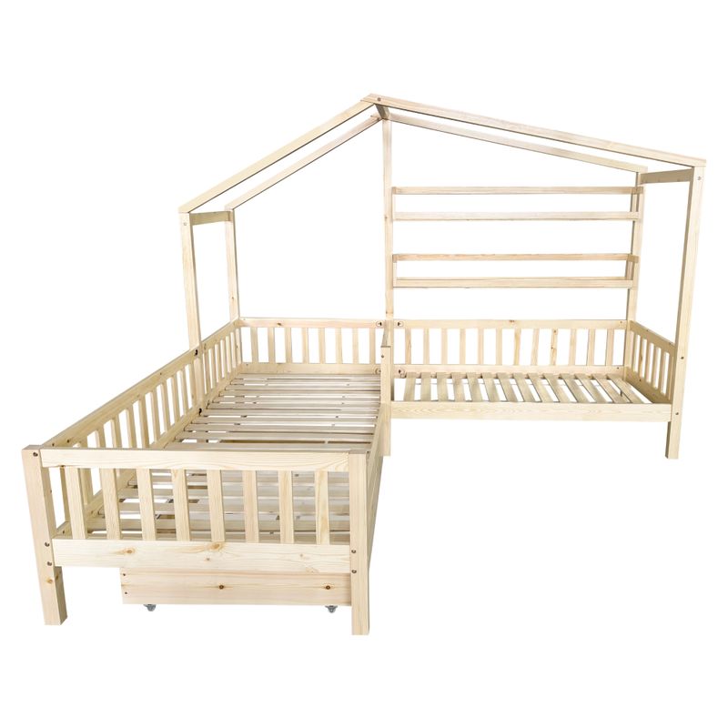 Posteľ pre 2 deti, 90x200+70x140, s roštom, prírodná, ENOLA