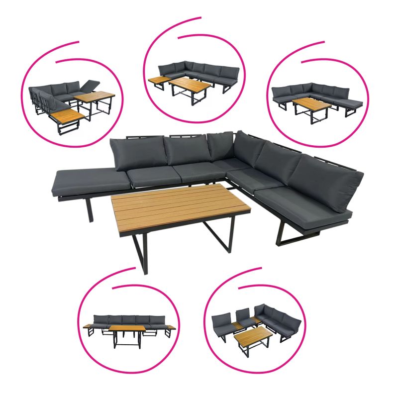 Záhradný set, tmavosivá látka, čierny, prírodný, ILARIA