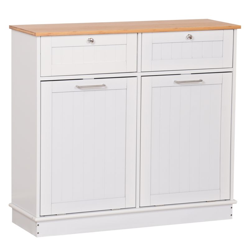 Výklopná skrinka, 100cm, s odpadkovým košom, biela, bambus, DELINS TYP 2