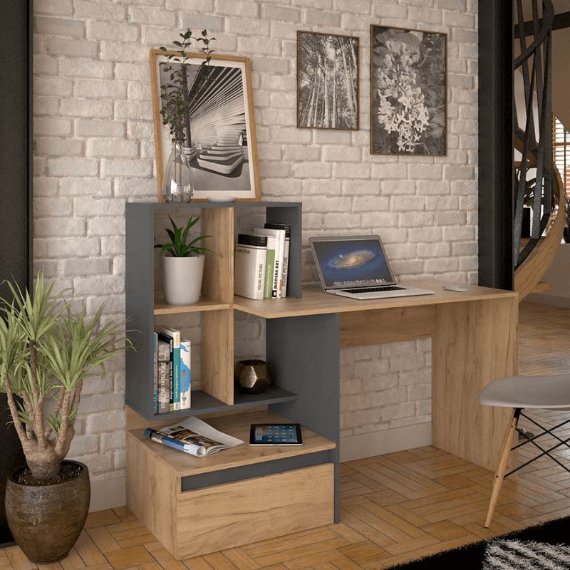 PC stôl, 145x52cm, dub artisan, grafit, NEREO 2 NEW
