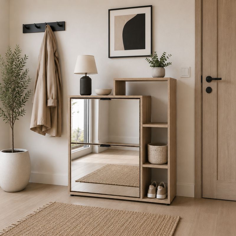 Výklopný dvojradový botník, 80cm, so zrkadlom, dub sonoma, KENTIN TYP 1