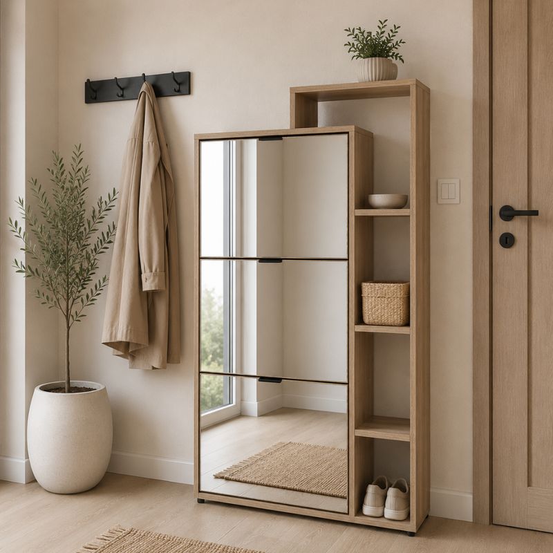 Výklopný trojradový botník, 80cm, so zrkadlom, dub sonoma, KENTIN TYP 2