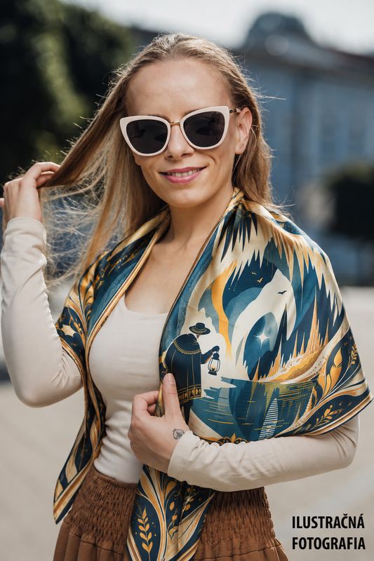 Módna hodvábna šatka DEMÄNOVSKÁ JASKYŇA SLOBODY – MODRÁ, 90 x 90cm, MADE IN SLOVAKIA