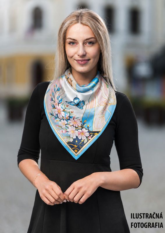 Módna hodvábna šatka JARNÁ ZÁHRADA – MODRÁ, 90 x 90cm, MADE IN SLOVAKIA