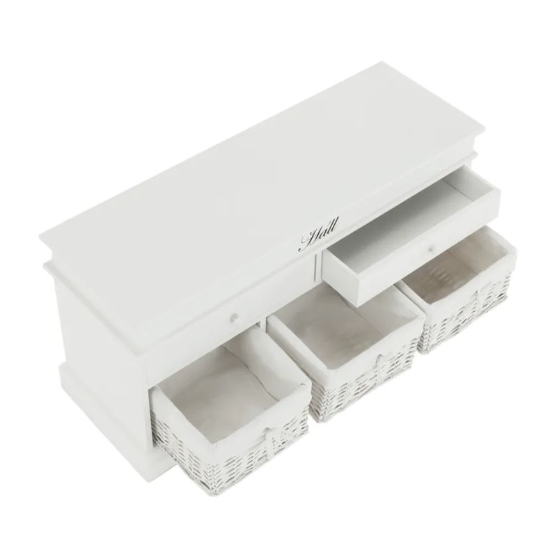 Lavica, 100cm, 3 košíky, 2 zásuvky, drevo, biela, BLANCO