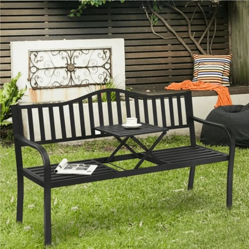 Záhradná lavička, so stolíkom, 150 cm, kov, čierna, DAGNO