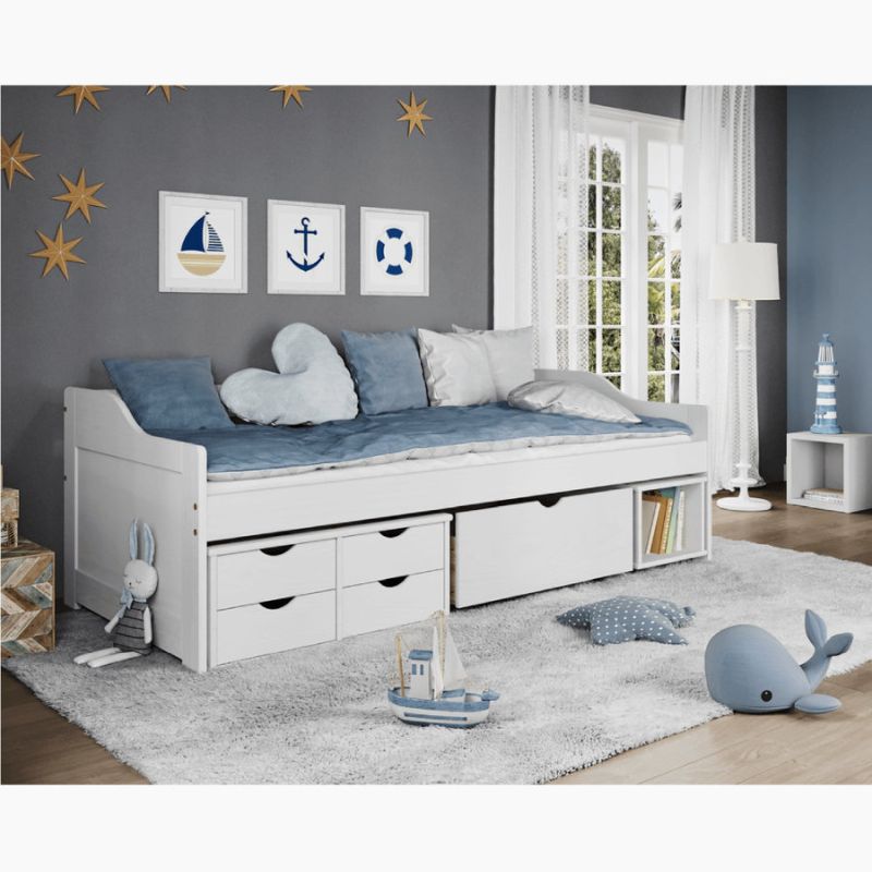 Posteľ, 90x200, s roštom, úložný priestor, biela, MAXI NEW