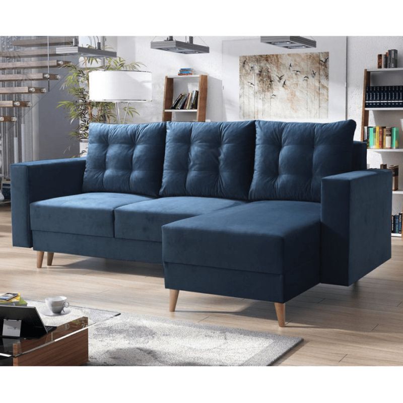 Rozkladacia sedacia súprava, látka modrá, pravá, BLEKY ROH