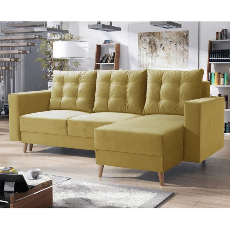 Rozkladacia sedacia súprava, látka žltá, pravá, BLEKY ROH