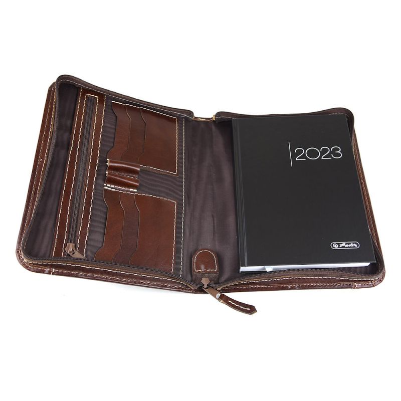 Kožený pracovný diár na zips v tmavo hnedej farbe