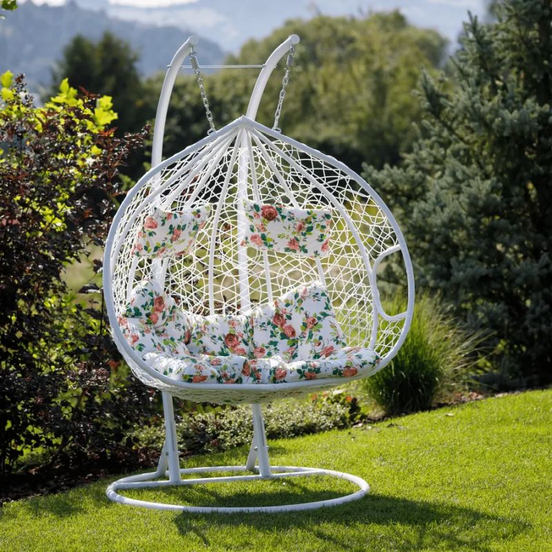 Závesné dvojkreslo, kov biely, látka vzor kvety, DALVEA 2 NEW