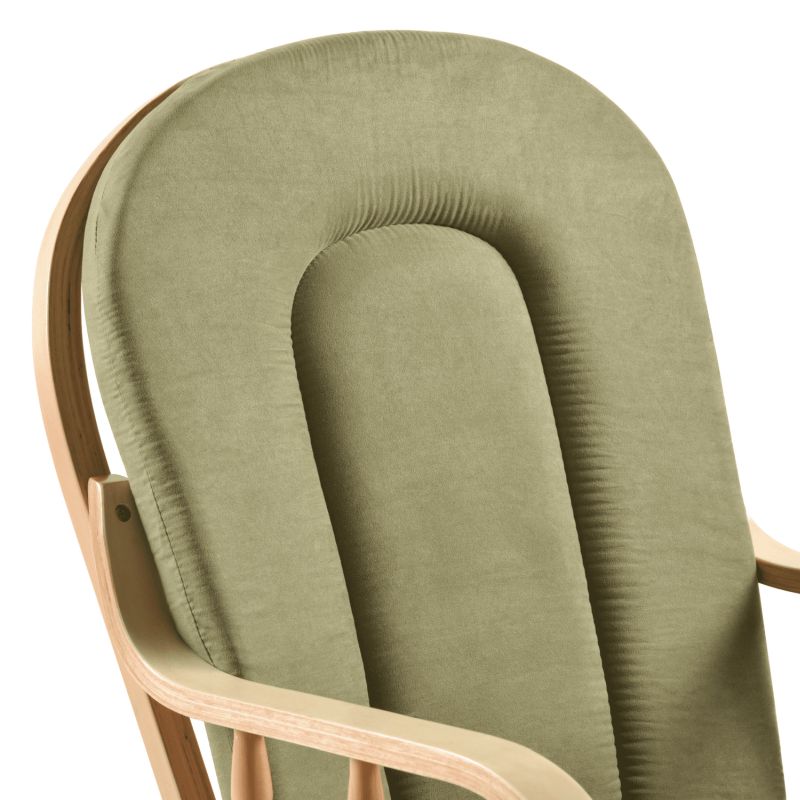 Hojdacie kreslo s podnožou, prírodné drevo, zelená látka, DALBERT