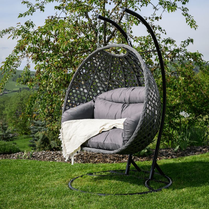 Závesné dvojkreslo, kov čierny, ratan sivý, látka tmavosivá, DAKAN NEW