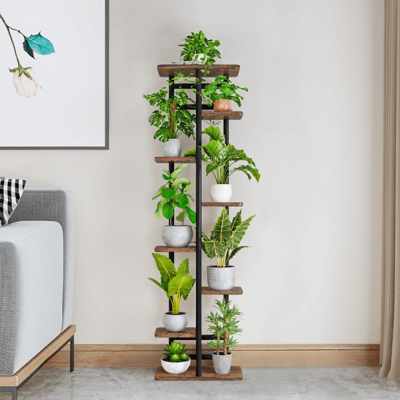 Kovový, stojan na kvety, kov čierny, DTD rustikálne drevo, LEDOR TYP 4