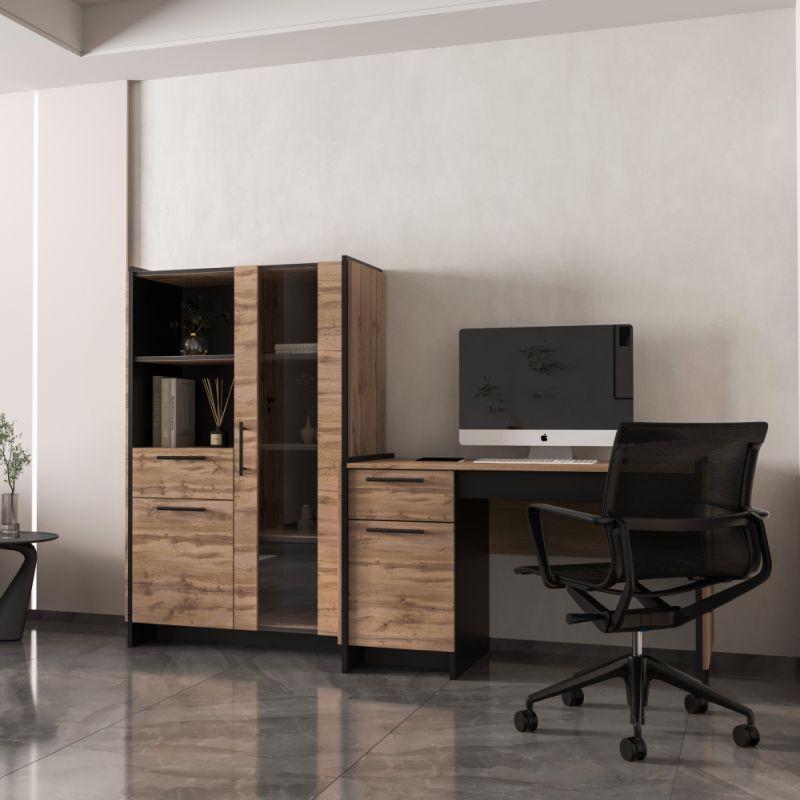 Nízka vitrína, 96cm, dub wotan, čierna, AMONI 1D1W1S