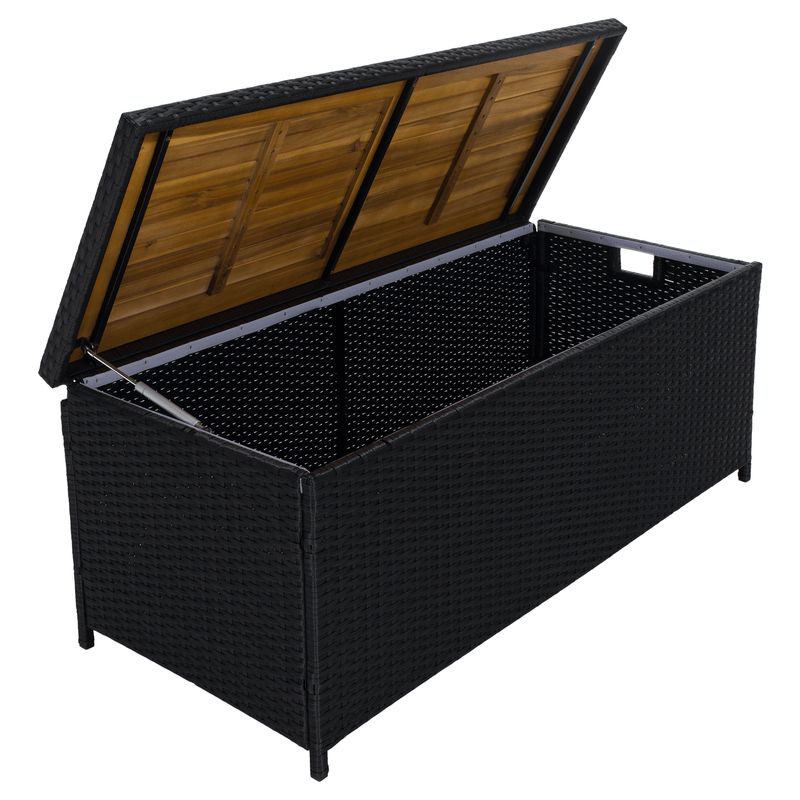 Záhradný úložný box, lavica, čierny ratan, prírodné drevo, BEMUS