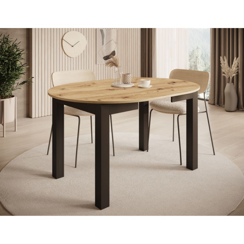 Jedálenský stôl, okrúhly, 103cm, rozkladací, DTD, dub artisan, čierny, HARRY