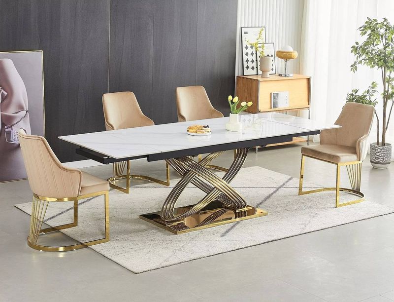 Jedálenský stôl, 160x90cm, rozkladací, keramika, biely, zlatý, HERMES II