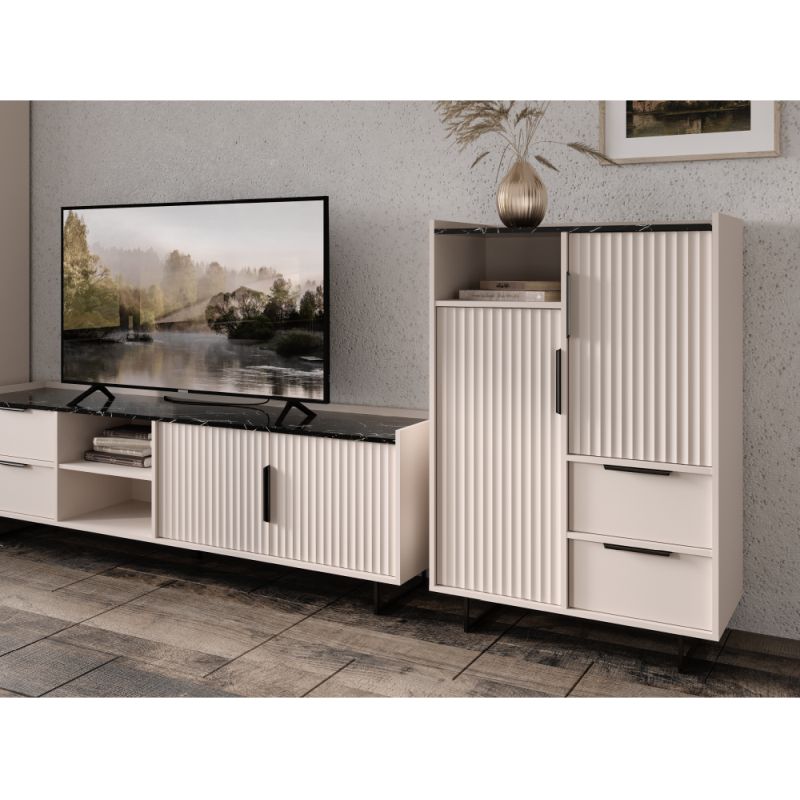 Komoda, 85cm, kašmír, tmavý mramor, kombinovaná, FRESIO KOM2D2S