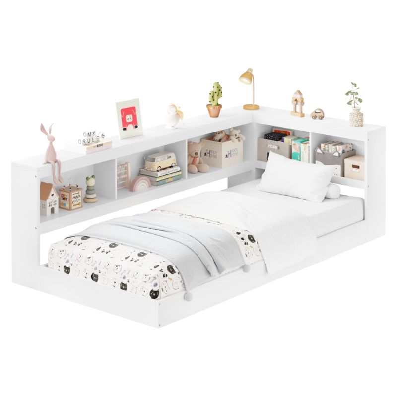 Posteľ, 90x200, s roštom a regálom, biela, TOSIA