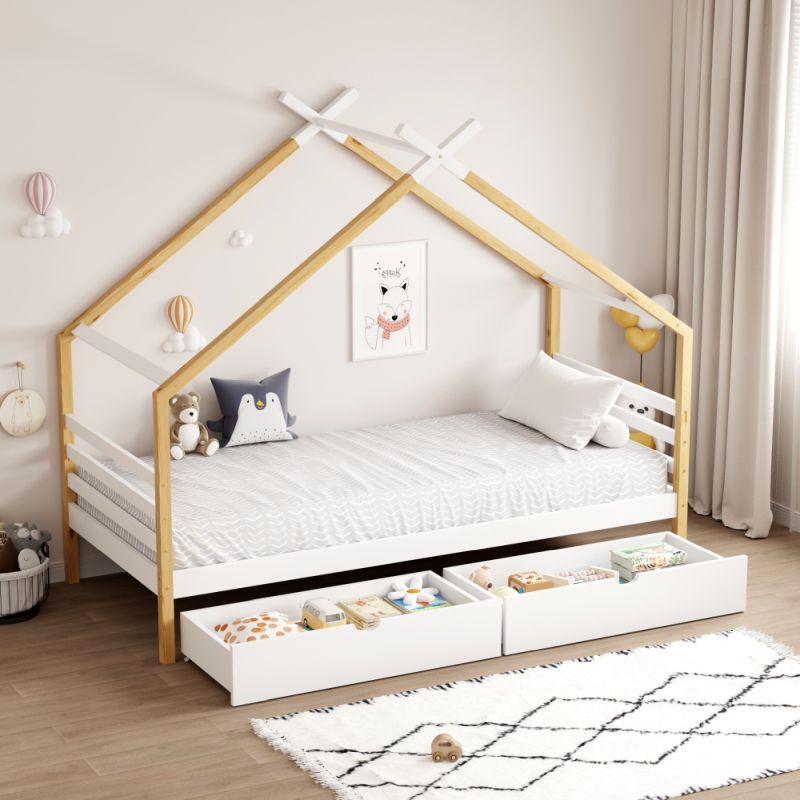 Montessori posteľ, 90x200, s roštom, biela, hnedá, TARA