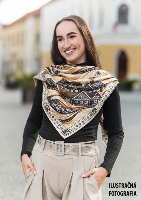 Módna hodvábna šatka ČIČMANY – SLOVENSKO, 90 x 90cm, MADE IN SLOVAKIA