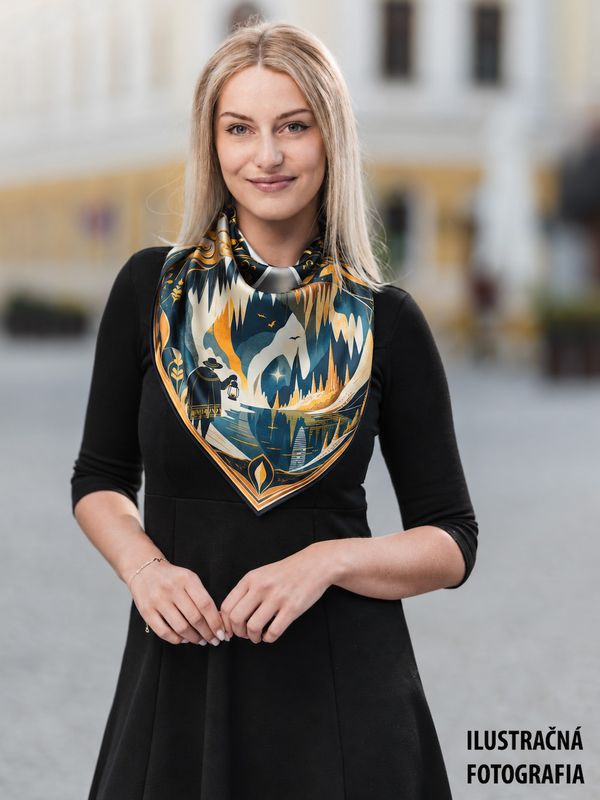 Módna hodvábna šatka DEMÄNOVSKÁ JASKYŇA SLOBODY – MODRÁ, 90 x 90cm, MADE IN SLOVAKIA