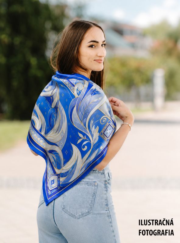 Módna hodvábna šatka LÍŠKA – MODRÁ, 90 x 90cm, MADE IN SLOVAKIA