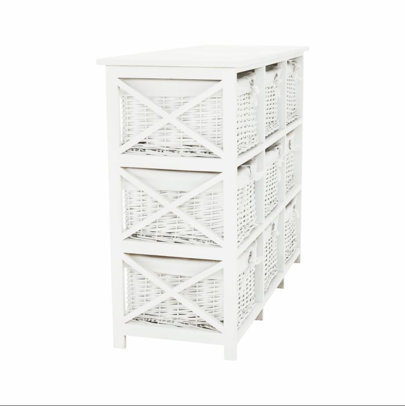 Komoda, 94cm, 9 košíkov, drevo, prútie, biela, RAFAELLO