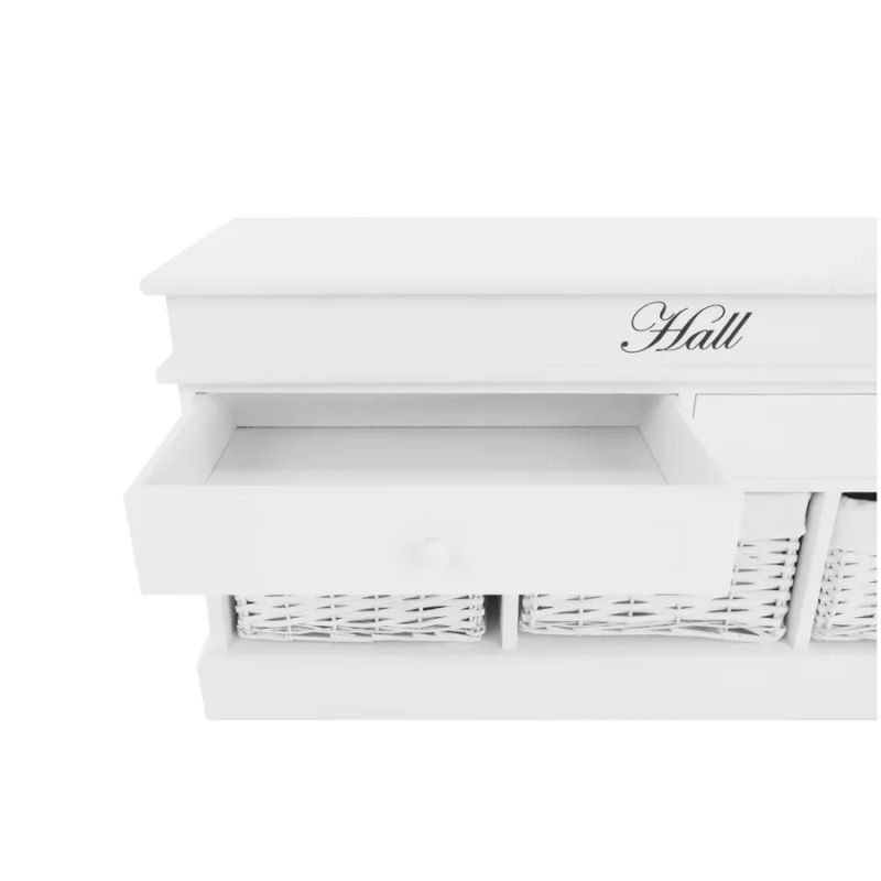 Lavica, 100cm, 3 košíky, 2 zásuvky, drevo, biela, BLANCO