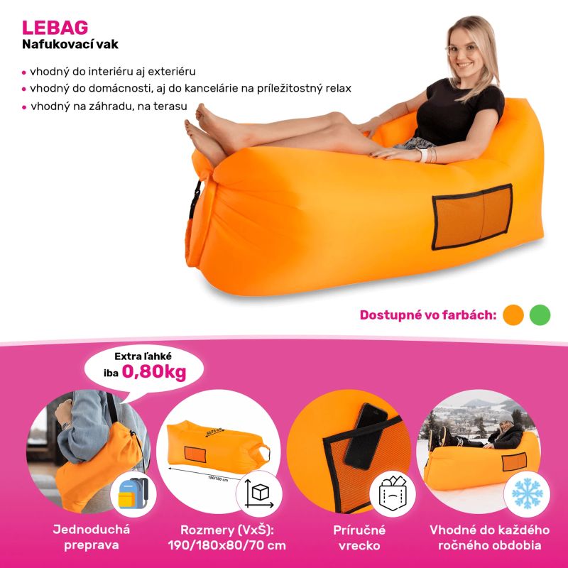 Nafukovací sedací vak, oranžový, LEBAG