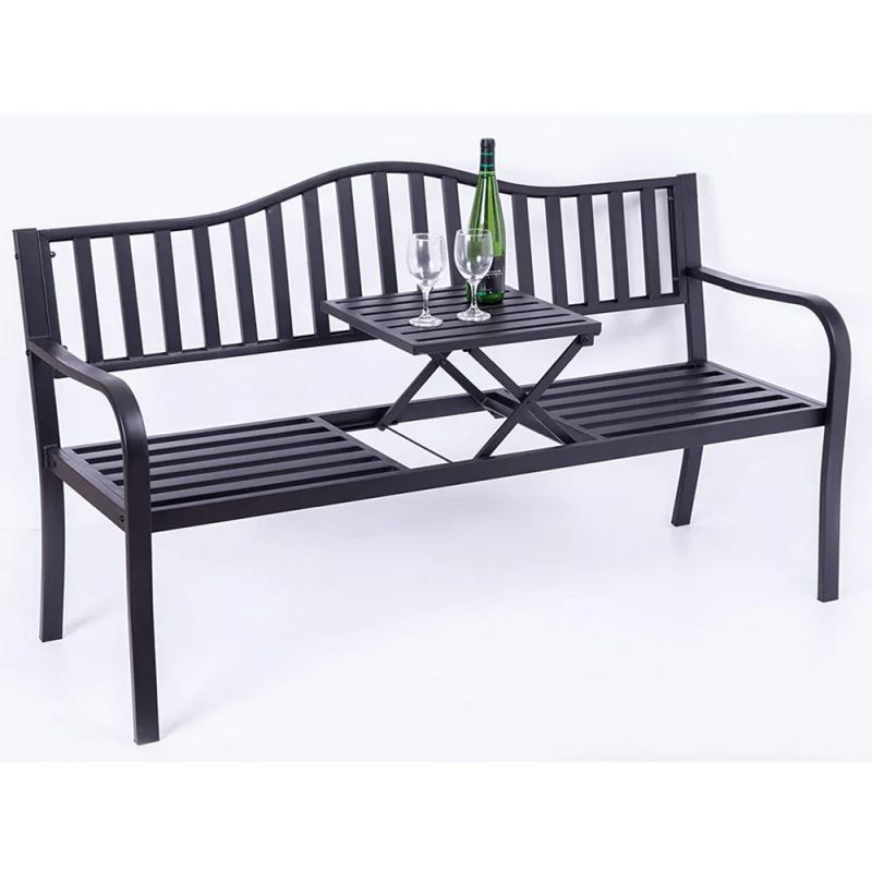 Záhradná lavička, so stolíkom, 150 cm, kov, čierna, DAGNO