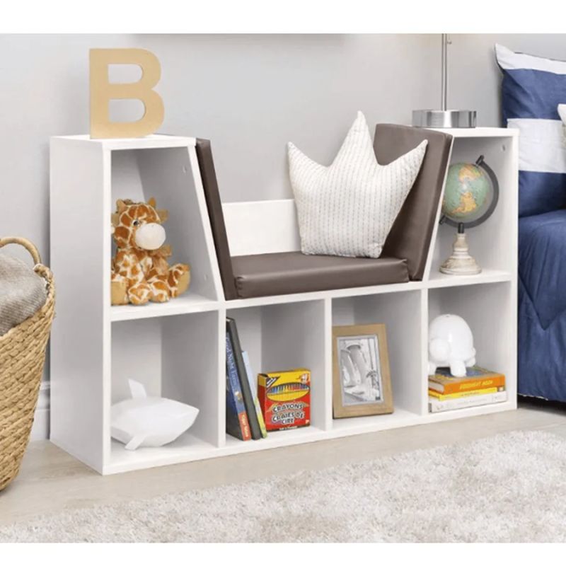 Detská knižnica, 112cm, miesto na sedenie, biela, sivá, FERIA